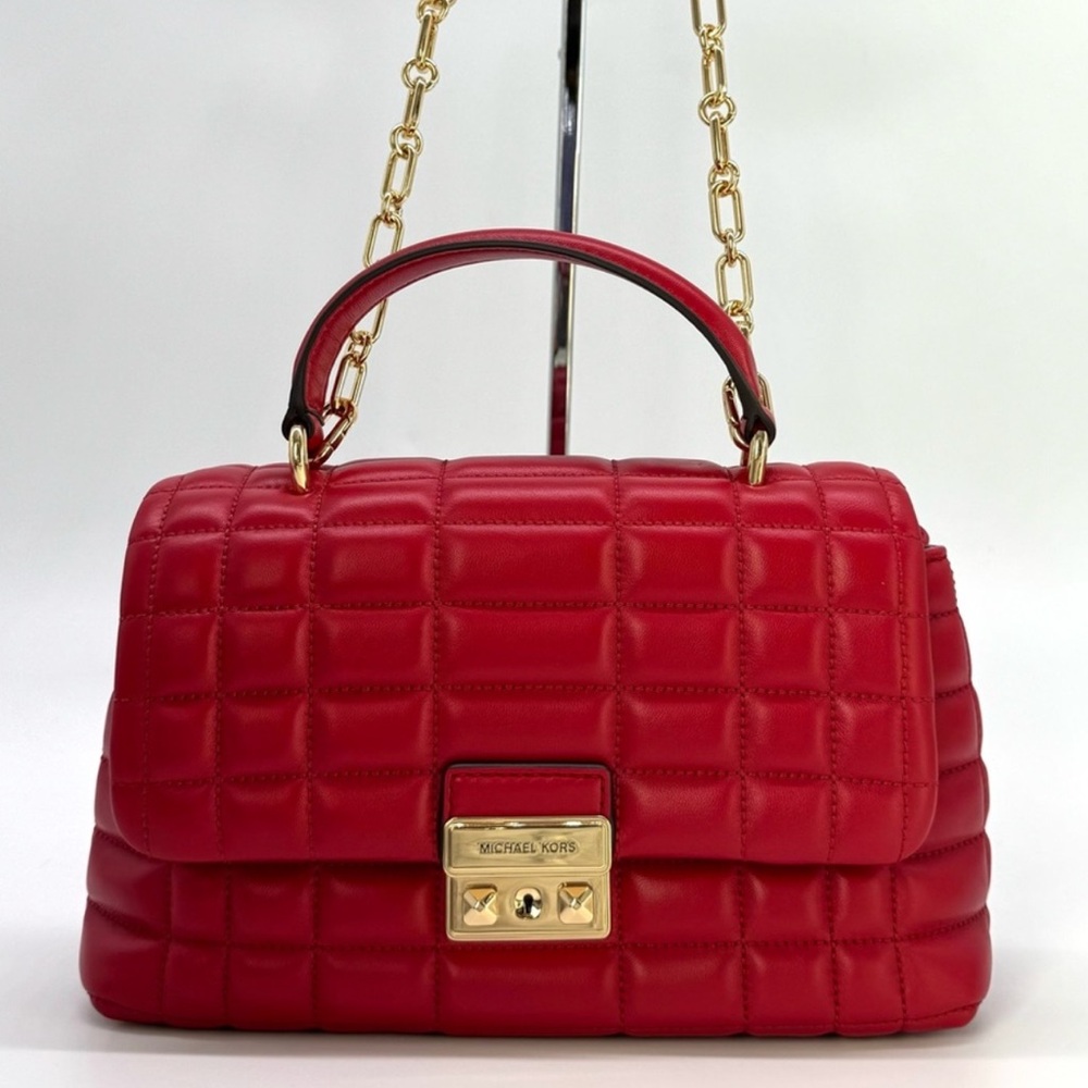 Michael Kors Tribeca Medium Quilted Leather Satchel Bag Crimson Red